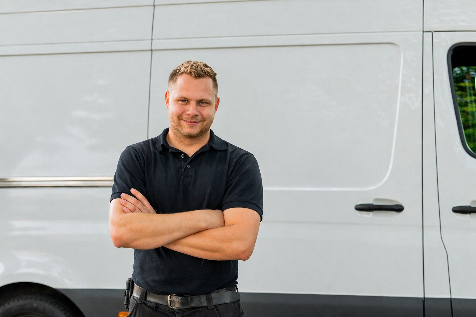 Inhaber René Kuss vor Servicefahrzeug